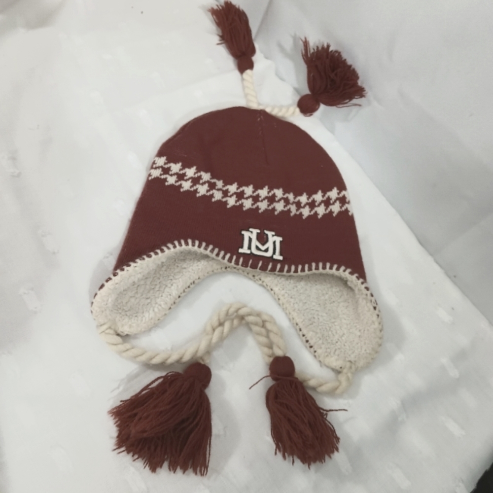 Zephyr Montana Grizzlies Tassels Beanie Maroon Knitted Plush Hat